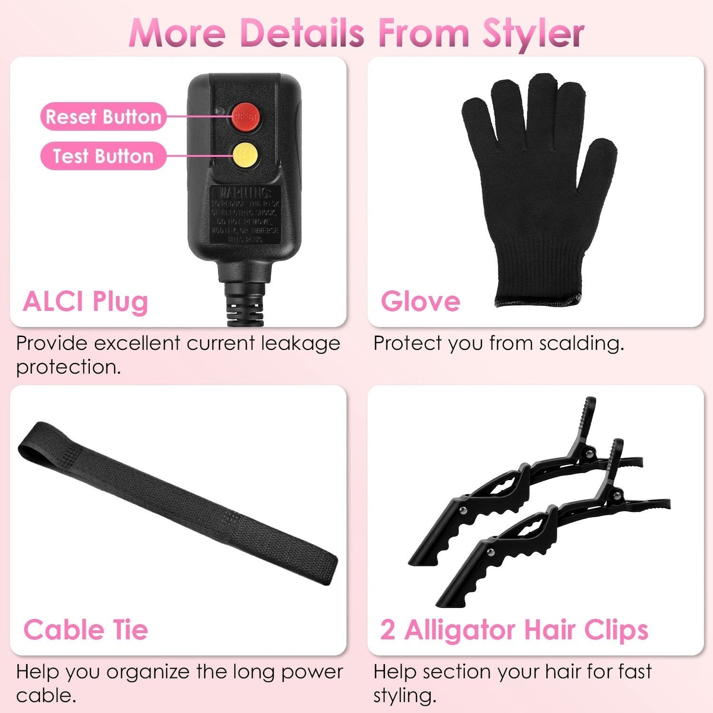 1Pc 5 In 1 Hot Air Styler Straightener Curler Dryer Automatic Wrap Styler Hair Dryer Brush Set With 3 Temp Settings ALCI Plug Glove Cable Tie 2 Alligator Hair Clips